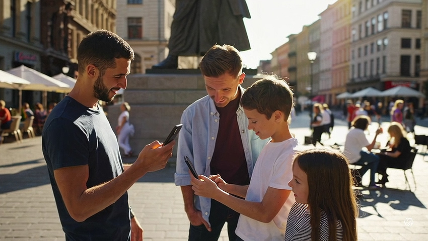 Spielergruppe in der Stadt spielt ein Outdoor-Escape-Game Spielergruppe in der Stadt spielt ein Outdoor-Escape-Game
