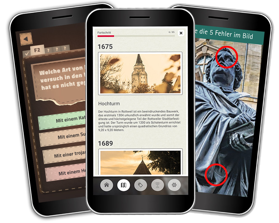 Drei Handys mit Spiel-Designs von individuellen Outdoor-Games